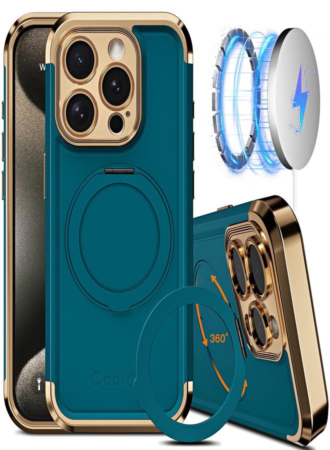 COOLQO for iPhone 15 Pro Max Case 6.7'' Upgraded 360° Spin Magnetic Stand [Compatible with Magsafe][Military Protection] Shockproof Protective Phone Holder Cover for iPhone 15 Pro Max, Green Gold - Image 1