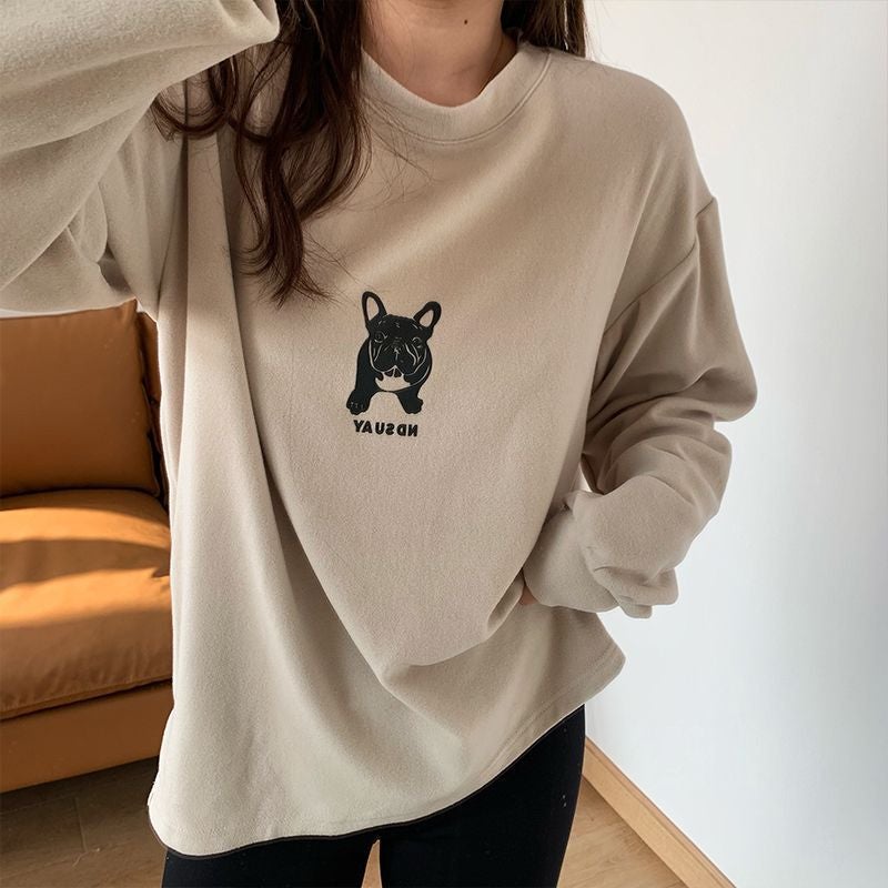 Double-Sided Sanding Base Shirt Women'S Loose Large Version Puppy Printed Round Neck Long Sleeve T-Shirt - Image 5