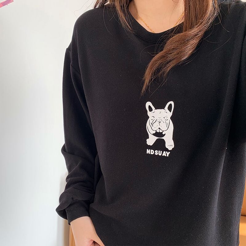 Double-Sided Sanding Base Shirt Women'S Loose Large Version Puppy Printed Round Neck Long Sleeve T-Shirt - Image 4