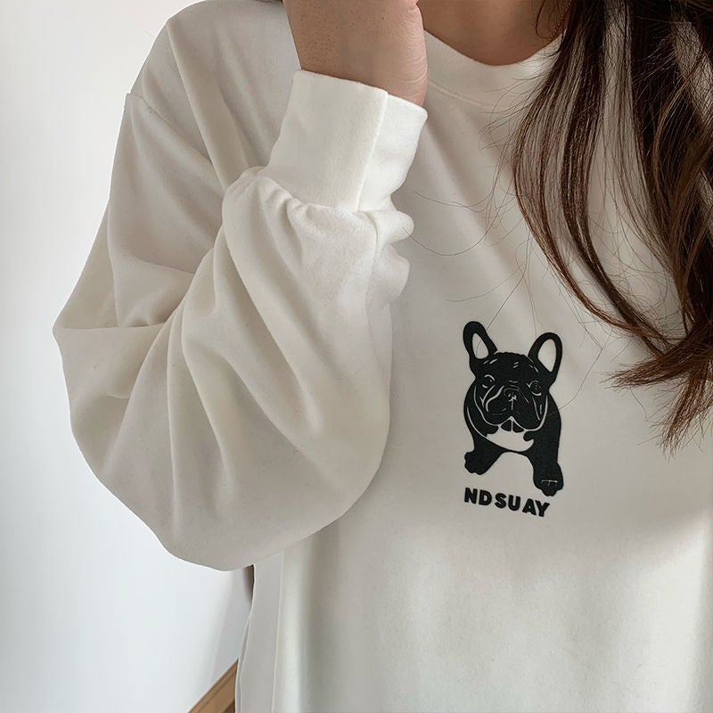 Double-Sided Sanding Base Shirt Women'S Loose Large Version Puppy Printed Round Neck Long Sleeve T-Shirt - Image 1