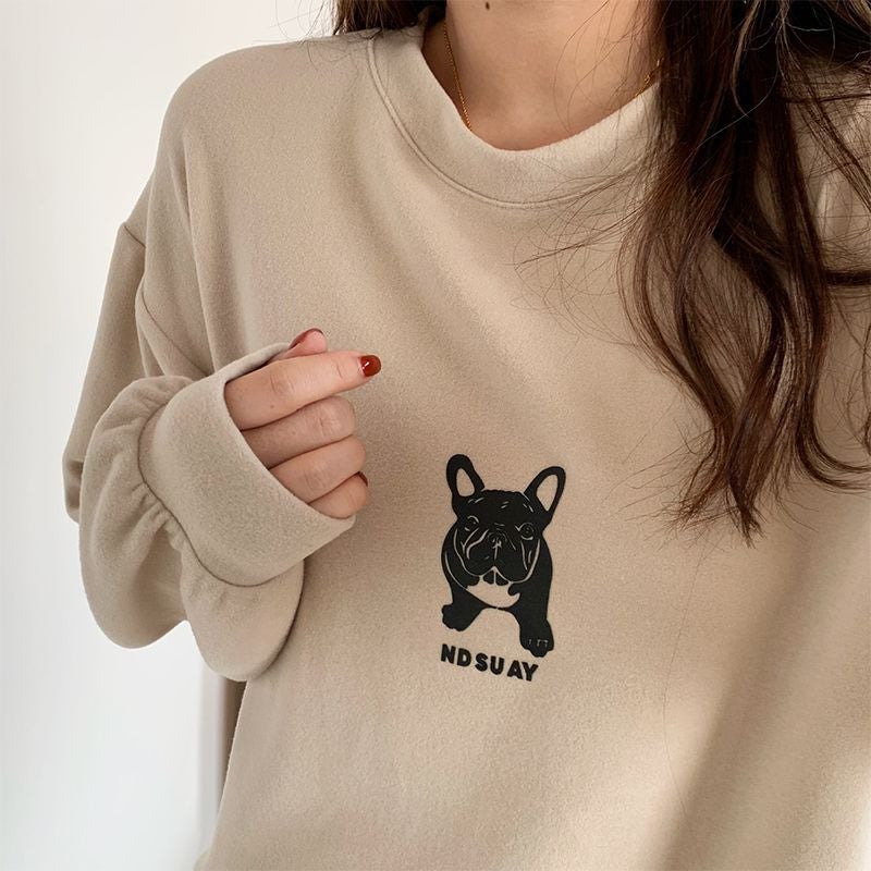 Double-Sided Sanding Base Shirt Women'S Loose Large Version Puppy Printed Round Neck Long Sleeve T-Shirt - Image 3