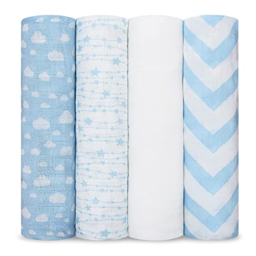 Comfy Cubs Muslin Swaddle Blankets Pack of 4 47 x 47 Inches Soft Cotton Baby Blanket Set Large Multipurpose Swaddling Wraps for Newborns SelfSoothing Swaddle Blue - Image 1
