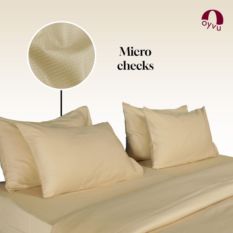 Oyvu Luxury Elastic Fitted Bedsheet | 300 TC | 100% Cotton | Queen Size | Almond Buff Color | Premium Microchecks Design | 1 Fitted Bedsheet, 2 Pillow Covers | Size- Queen 60”x78”+12”inch - Image 2