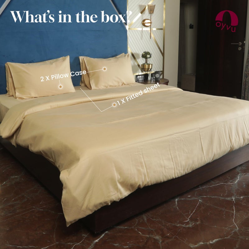 Oyvu Luxury Elastic Fitted Bedsheet | 300 TC | 100% Cotton | Queen Size | Almond Buff Color | Premium Microchecks Design | 1 Fitted Bedsheet, 2 Pillow Covers | Size- Queen 60”x78”+12”inch - Image 4