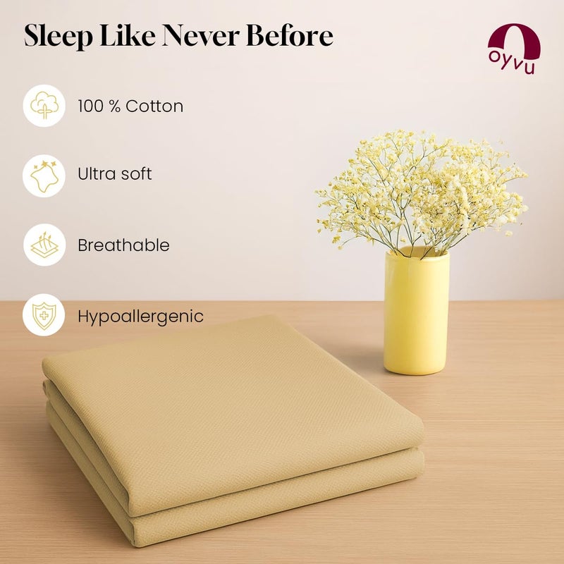 Oyvu Luxury Elastic Fitted Bedsheet | 300 TC | 100% Cotton | Queen Size | Almond Buff Color | Premium Microchecks Design | 1 Fitted Bedsheet, 2 Pillow Covers | Size- Queen 60”x78”+12”inch - Image 3