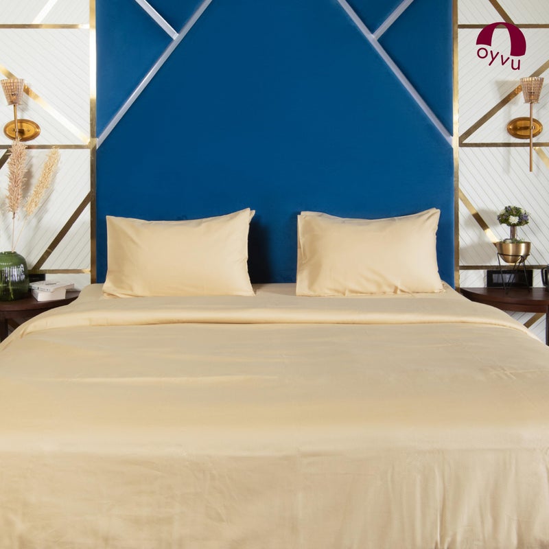 Oyvu Luxury Elastic Fitted Bedsheet | 300 TC | 100% Cotton | Queen Size | Almond Buff Color | Premium Microchecks Design | 1 Fitted Bedsheet, 2 Pillow Covers | Size- Queen 60”x78”+12”inch - Image 1