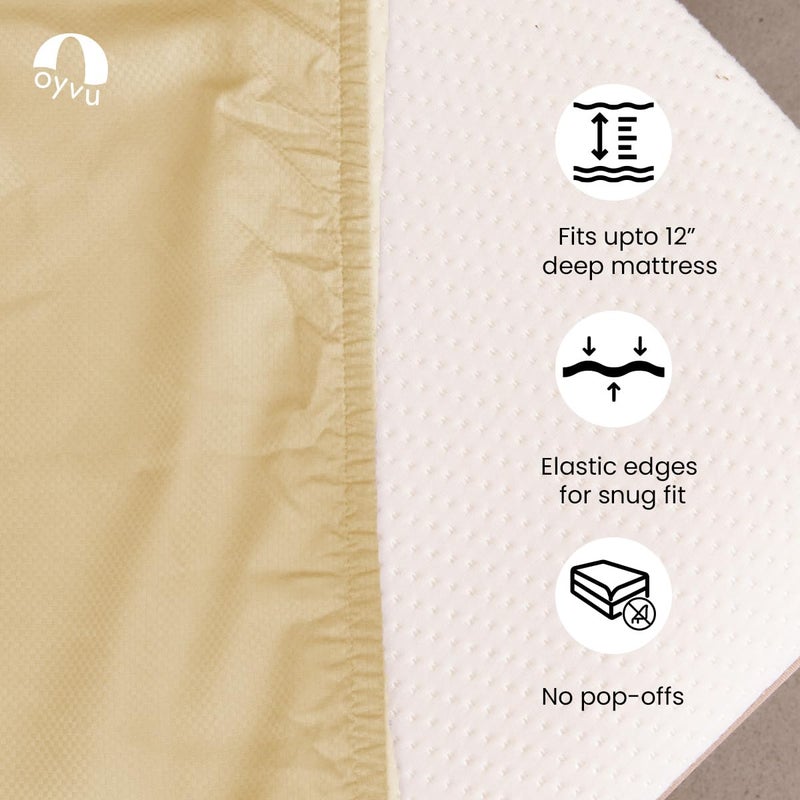 Oyvu Luxury Elastic Fitted Bedsheet | 300 TC | 100% Cotton | Queen Size | Almond Buff Color | Premium Microchecks Design | 1 Fitted Bedsheet, 2 Pillow Covers | Size- Queen 60”x78”+12”inch - Image 5