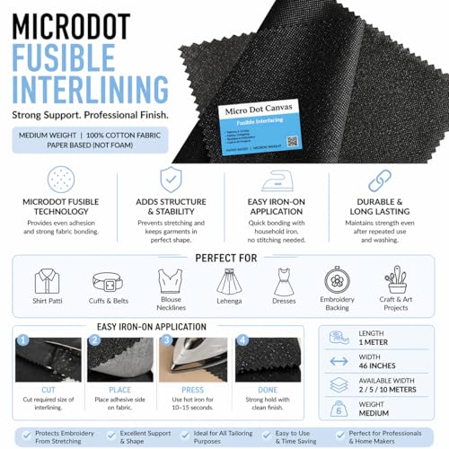 M Fabrics Microdot FUSIBLE Interlining (Dot Canvas Fusing) for Sewing/Tailoring, Fashion Designing, Boutique, etc. - Pack of (Black, 2 Meters) - Image 2