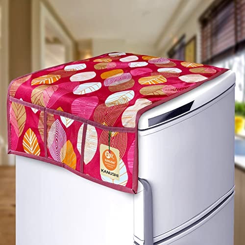 KANUSHI Industries® 1Pc Fridge Cover for Top with 6 Utility Pockets + 4 Fridge Mats (FRI-Long-Leave-Maroon+M-23-04) - Image 2
