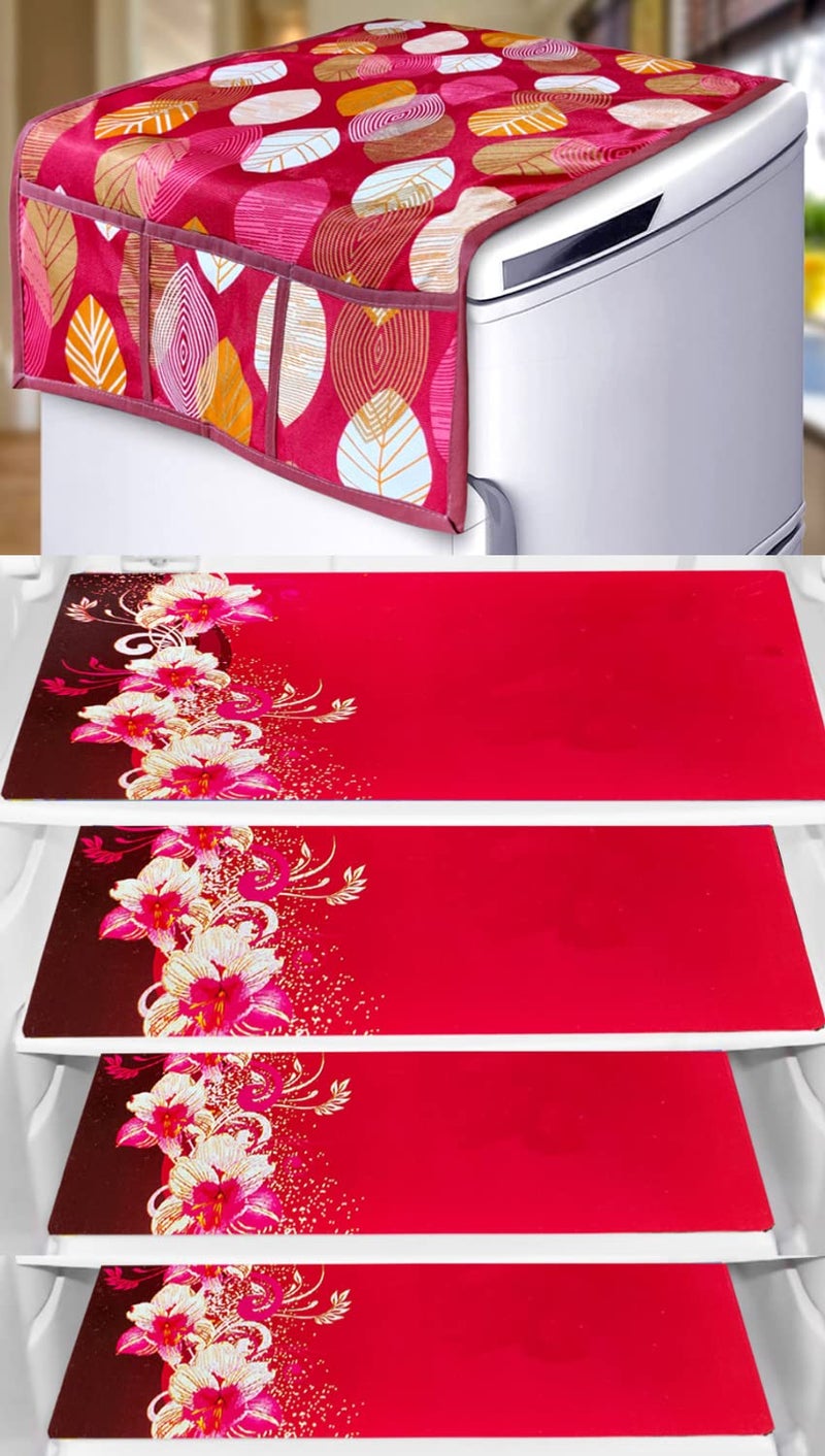 KANUSHI Industries® 1Pc Fridge Cover for Top with 6 Utility Pockets + 4 Fridge Mats (FRI-Long-Leave-Maroon+M-23-04) - Image 5