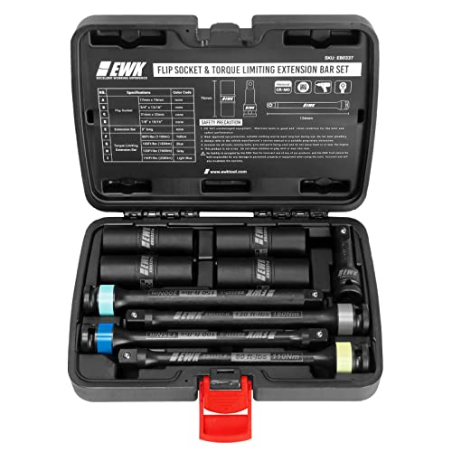 EWK 9 Pcs 1/2" Drive Thin Wall Lug Nut Flip Impact Socket & Torque Limiting Extension Stick Set, 80-150 Ft-lbs (110-200 Nm), Color-Coded - Image 1