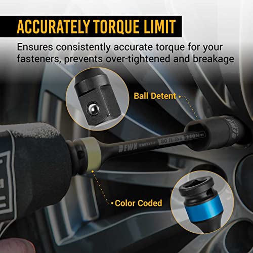 EWK 9 Pcs 1/2" Drive Thin Wall Lug Nut Flip Impact Socket & Torque Limiting Extension Stick Set, 80-150 Ft-lbs (110-200 Nm), Color-Coded - Image 4