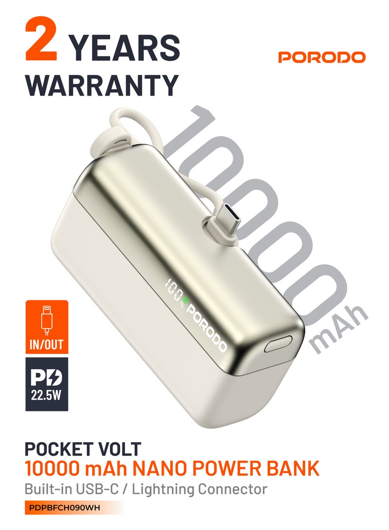 porodo Pocket Volt 10000mAh Power Bank 15W / Powerbank PD22.5W / Fast Charger / Compact and Portable Powerbank 10000 mAh/ Type-C and Lightning Cable - White - Image 1