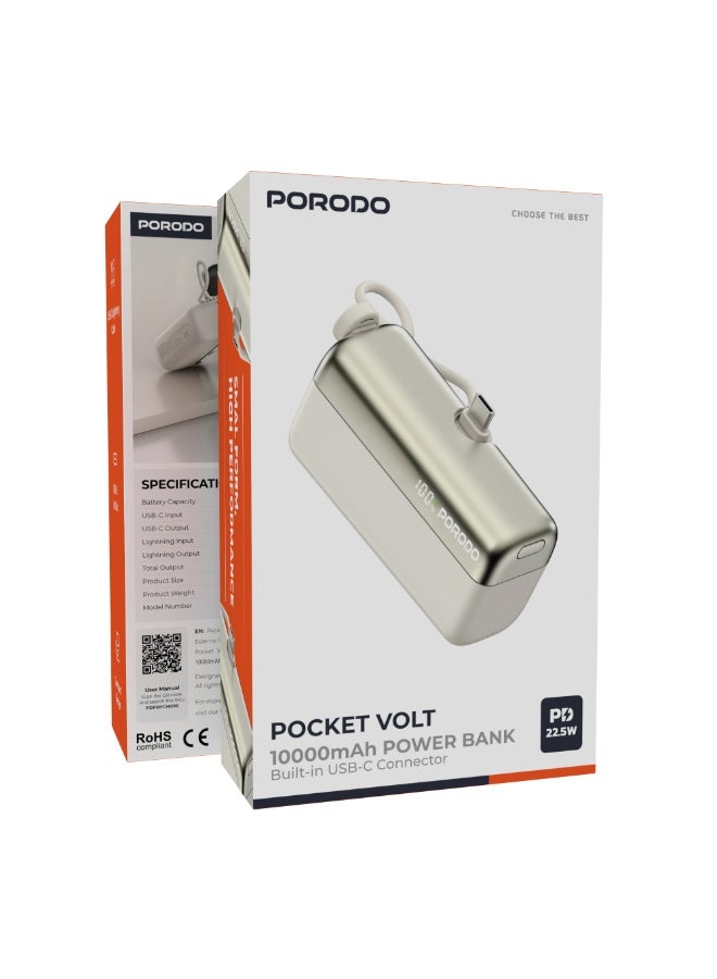 porodo Pocket Volt 10000mAh Power Bank 15W / Powerbank PD22.5W / Fast Charger / Compact and Portable Powerbank 10000 mAh/ Type-C and Lightning Cable - White - Image 3