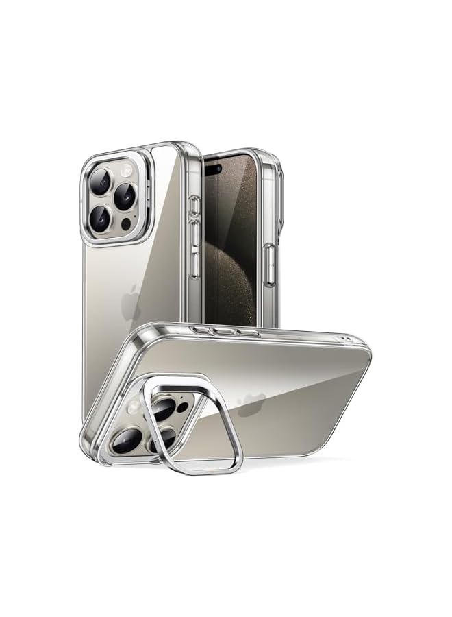JETech Kickstand Case for iPhone 15 Pro 6.1-Inch, Built-in Camera Ring Stand, Non-yellowing Shockproof Phone Bumper Cover, Anti-Scratch Clear Back (Natural Titanium) - Image 1