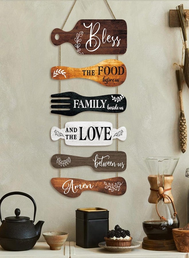 LB 6Pcs Farmhouse Kitchen Decor Bless the Food Before Us Dining Room Wall Decor Rustic Wooden Roped Sign Country Collage Wall Art Kitchen Decorations - Image 4