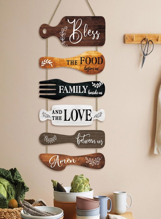 LB 6Pcs Farmhouse Kitchen Decor Bless the Food Before Us Dining Room Wall Decor Rustic Wooden Roped Sign Country Collage Wall Art Kitchen Decorations - Image 1