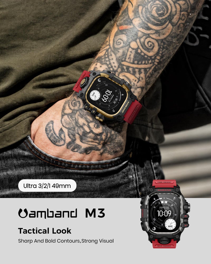 amBand حافظة amBand المتينة مع حزام لساعات آبل ألترا 3/2/1 49 مم، غلاف مقاوم للصدمات بمعيار M3 العسكري، يتضمن مجموعة واقي الشاشة، حزام تكتيكي للرجال - متوافق مع iWatch Ultra، أحمر - Image 3