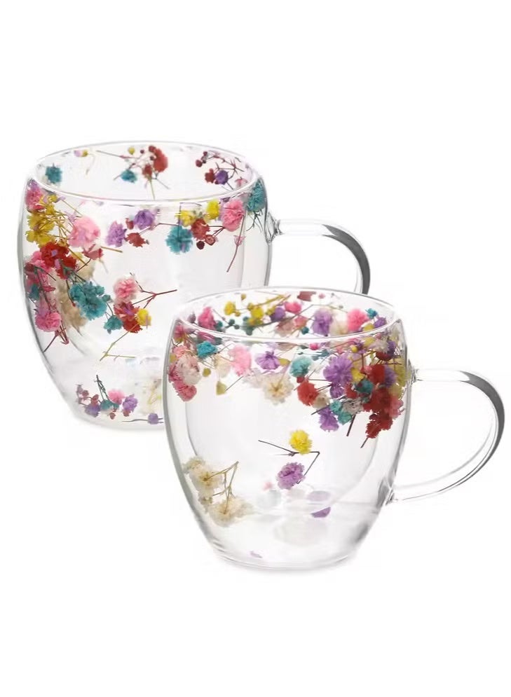 SENOROVA 2 Pcs Double Wall Insulated Glass Coffee Mugs with Handle – Heat Resistant Borosilicate Cups for Hot & Cold Beverages – Floral Design Espresso, Latte, Tea Cups - Image 1