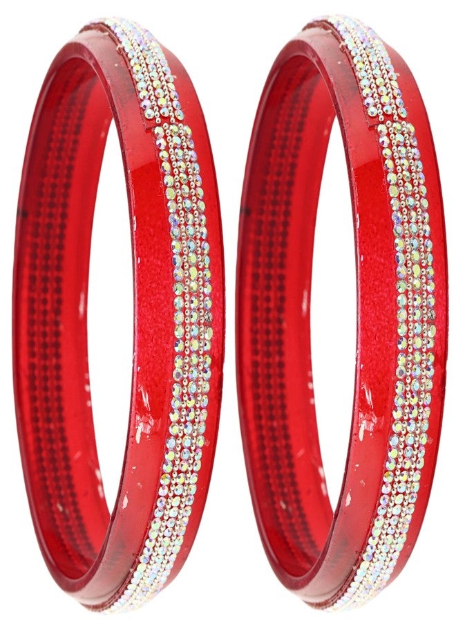 NMII Crystal Glass Bangles Kada Set For Women & Girls with Golden Zircon Diamonds | Designer Girl's Bangles Bracelet For Women Glass Kangan | Daily, Party, Office | Fashion Jewellery- (GK49-Red-2.8) - Image 1