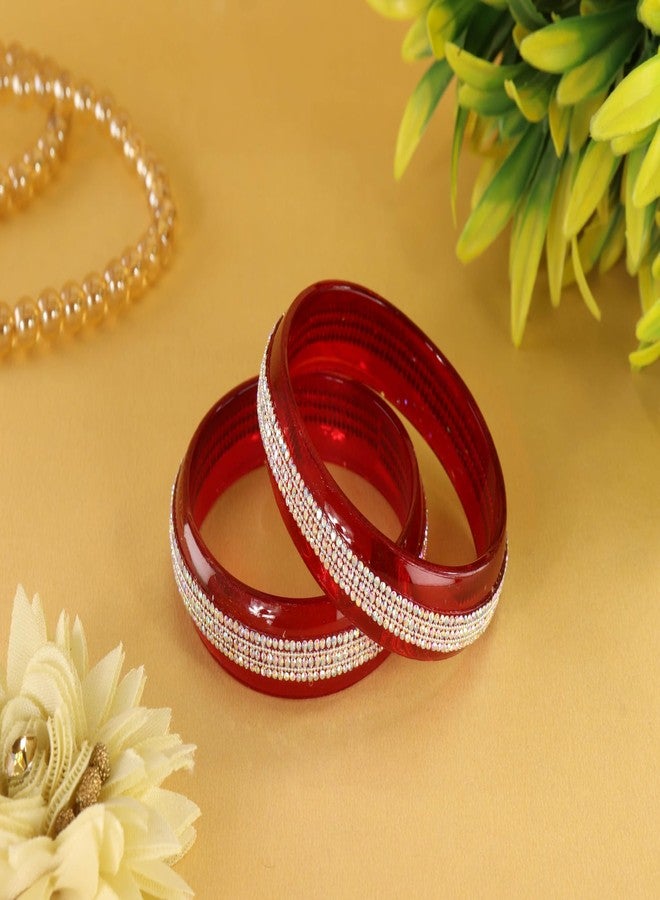 NMII Crystal Glass Bangles Kada Set For Women & Girls with Golden Zircon Diamonds | Designer Girl's Bangles Bracelet For Women Glass Kangan | Daily, Party, Office | Fashion Jewellery- (GK49-Red-2.8) - Image 2