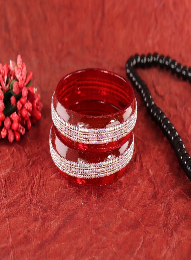 NMII Crystal Glass Bangles Kada Set For Women & Girls with Golden Zircon Diamonds | Designer Girl's Bangles Bracelet For Women Glass Kangan | Daily, Party, Office | Fashion Jewellery- (GK49-Red-2.8) - Image 3