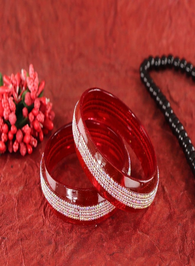 NMII Crystal Glass Bangles Kada Set For Women & Girls with Golden Zircon Diamonds | Designer Girl's Bangles Bracelet For Women Glass Kangan | Daily, Party, Office | Fashion Jewellery- (GK49-Red-2.8) - Image 4