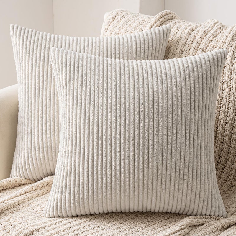 MIULEE Set of 2 Striped Corduroy Square Throw Pillow Case Soft Cushion Cover Sham Home for Sofa Chair CouchBedroom Decorative Fluffy Large Pillowcases 20x20 Inch 50x50 cm Cream White