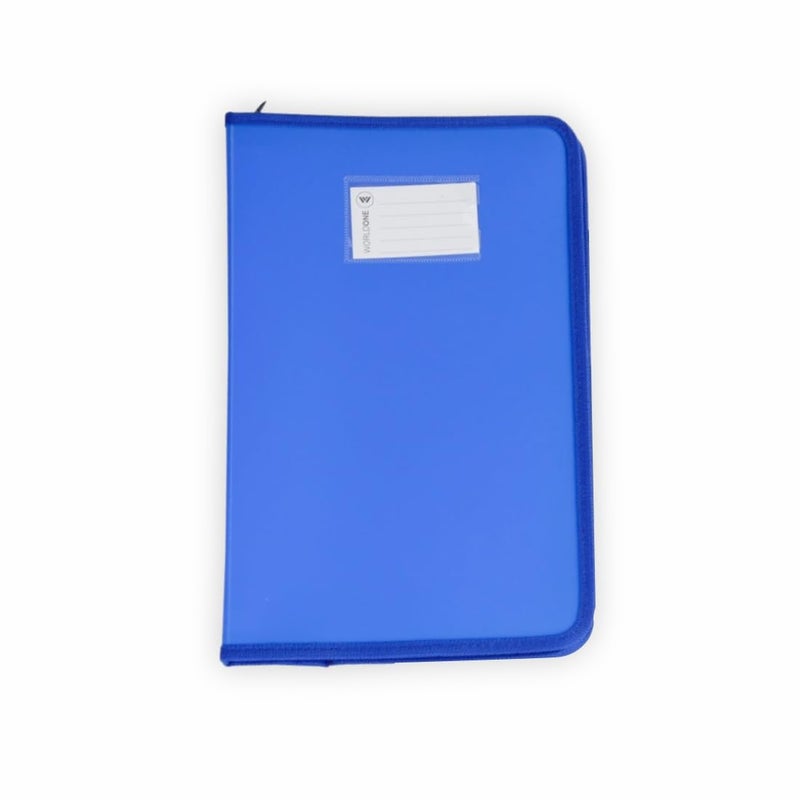 WORLDONE Zipper Display Book Folder for Documents, with Name Card, Made of 0.8mm Virgin PP Material with 20 Bound Plastic Binder Sleeves, Size FC (fullscap), Blue, Set of 1 - Image 1