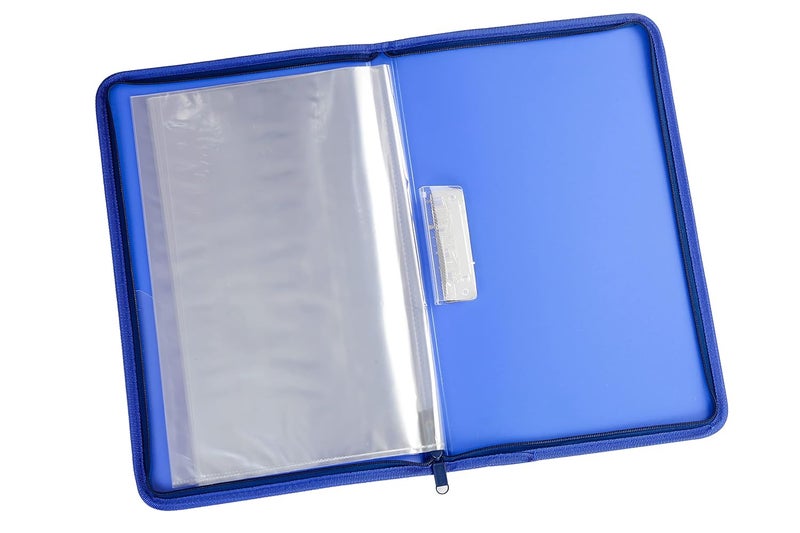 WORLDONE Zipper Display Book Folder for Documents, with Name Card, Made of 0.8mm Virgin PP Material with 20 Bound Plastic Binder Sleeves, Size FC (fullscap), Blue, Set of 1 - Image 2
