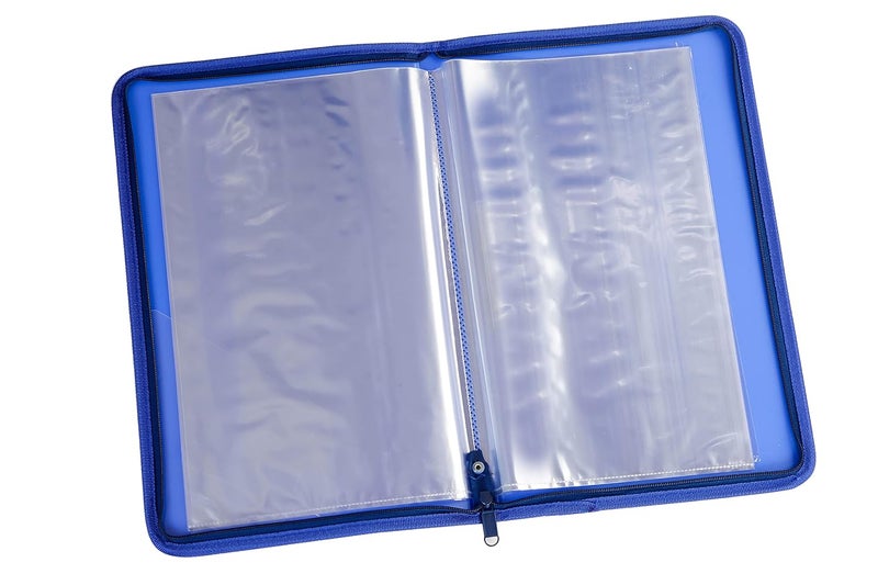 WORLDONE Zipper Display Book Folder for Documents, with Name Card, Made of 0.8mm Virgin PP Material with 20 Bound Plastic Binder Sleeves, Size FC (fullscap), Blue, Set of 1 - Image 4