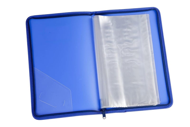 WORLDONE Zipper Display Book Folder for Documents, with Name Card, Made of 0.8mm Virgin PP Material with 20 Bound Plastic Binder Sleeves, Size FC (fullscap), Blue, Set of 1 - Image 3
