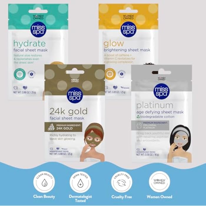 MISS SPA Face Mask Skin Care, Facial Sheet Mask for Women, Hydrating Moisturizing Skin Care Products, Anti-aging Face Mask, Dermatologsit Tested, 4 Pack (Hydrate, 24K Gold, Glow, Platinum Sheet Mask) - Image 5