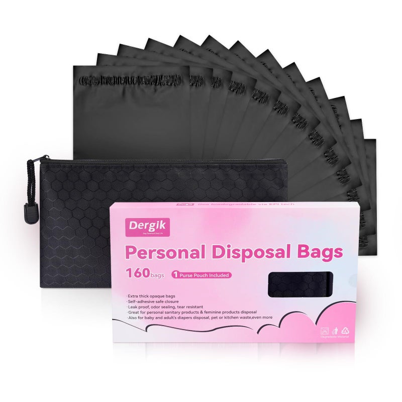 Dergik 160 pcs Sanitary Napkin Disposal Bags, Personal Care Feminine Hygiene Disposal Bags, Opaque, Odor Control, Discreet Disposal for Tampons, Pads, Liners,Diapers, with Pouch, Black - Image 1