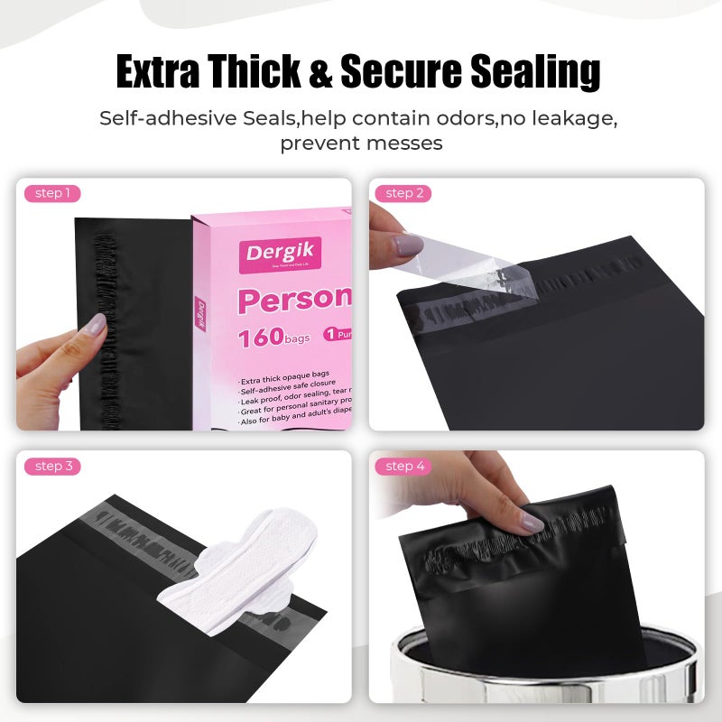 Dergik 160 pcs Sanitary Napkin Disposal Bags, Personal Care Feminine Hygiene Disposal Bags, Opaque, Odor Control, Discreet Disposal for Tampons, Pads, Liners,Diapers, with Pouch, Black - Image 3
