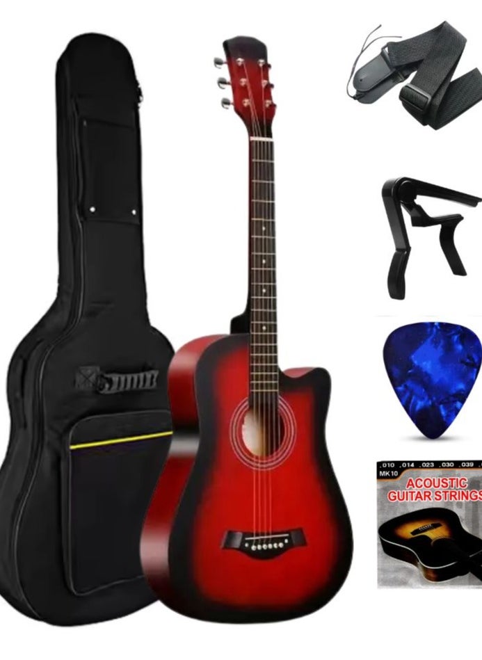 Megarya 38 Inch Acoustic Guitar Starter Pack - Full-Size Cutaway Design for Beginners & Students Wood Finish with Gig Bag, Tuner, Picks, Capo & Strap Included (Red) 