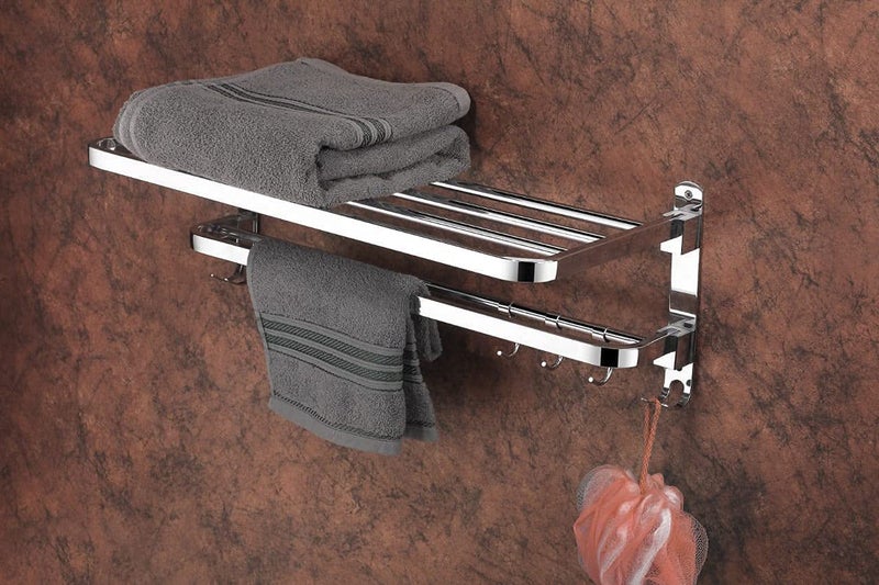 MHS Stainless Steel Adjustable Dual Folding Towel Rack and Rod with Hanger Hook Stand Holder for Home Hotel Hostel Bathroom Bath Accessories with Screws 24 INCH Mirror Silver Glossy - Image 1