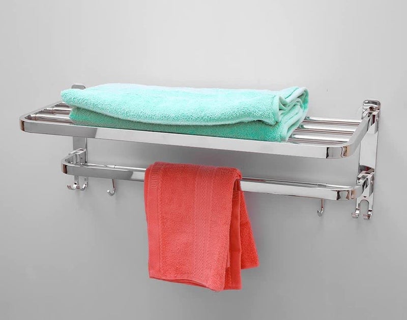 MHS Stainless Steel Adjustable Dual Folding Towel Rack and Rod with Hanger Hook Stand Holder for Home Hotel Hostel Bathroom Bath Accessories with Screws 24 INCH Mirror Silver Glossy - Image 2