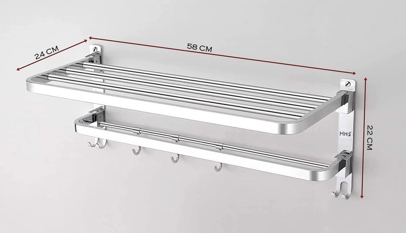 MHS Stainless Steel Adjustable Dual Folding Towel Rack and Rod with Hanger Hook Stand Holder for Home Hotel Hostel Bathroom Bath Accessories with Screws 24 INCH Mirror Silver Glossy - Image 3
