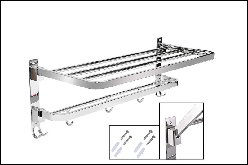 MHS Stainless Steel Adjustable Dual Folding Towel Rack and Rod with Hanger Hook Stand Holder for Home Hotel Hostel Bathroom Bath Accessories with Screws 24 INCH Mirror Silver Glossy - Image 4