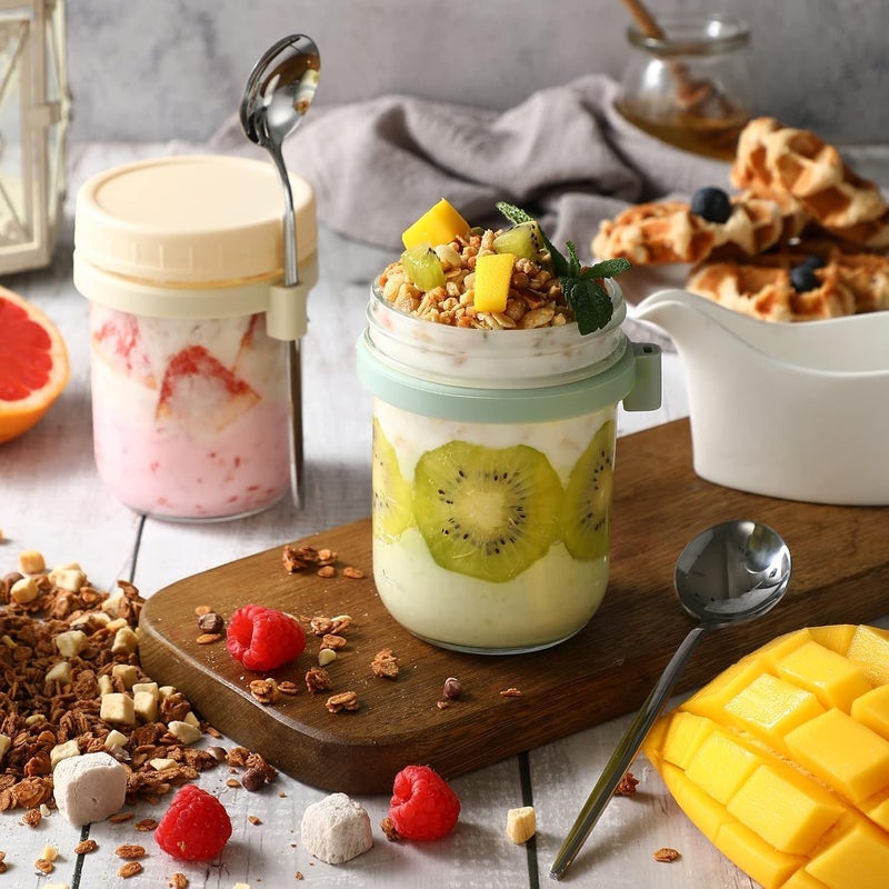 VISMII Spoon Glass Mason Jars Containers with Lids Oats Jars Leak Proof Oatmeal for Overnight Oats Meal Prep Yogurt Chia Pudding Salad Fruit Pack Of 2 - Image 3