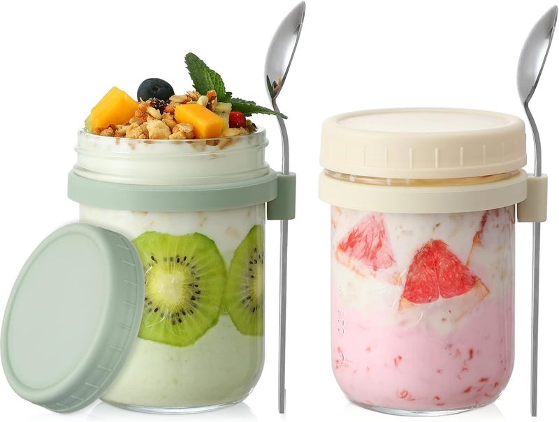 VISMII Spoon Glass Mason Jars Containers with Lids Oats Jars Leak Proof Oatmeal for Overnight Oats Meal Prep Yogurt Chia Pudding Salad Fruit Pack Of 2 - Image 1