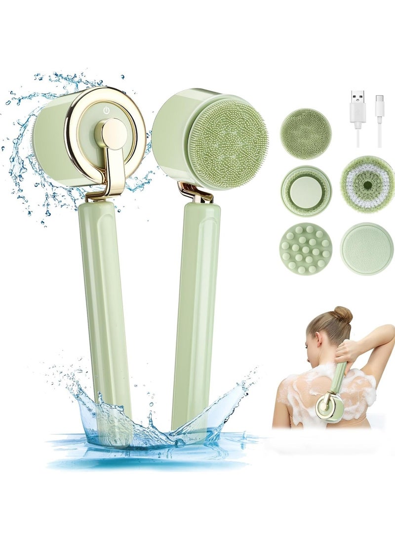 فرشاة تنظيف الجسم الكهربائية، 5 رؤوس فرشاة كبيرة، مقبض طويل لفرشاة الاستحمام للظهر، 3 سرعات قابلة للتعديل للتنظيف العميق بالفرشاة. - Image 1