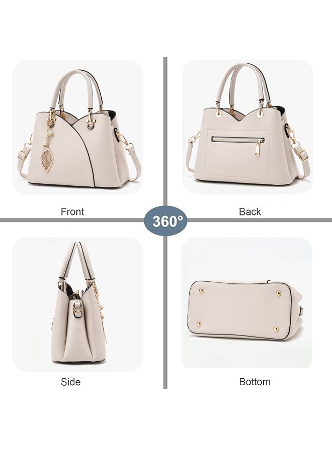SHABILI Women Shoulder Bag PU Large-Capacity Multi-Pocket Embossed Satchel, Ladies Handbag Tote Crossbody Cross Bags Fashion Leaf-Charm Purse for Teen Youth Daily Casual Party Travel Work Shopping (White) - Image 5