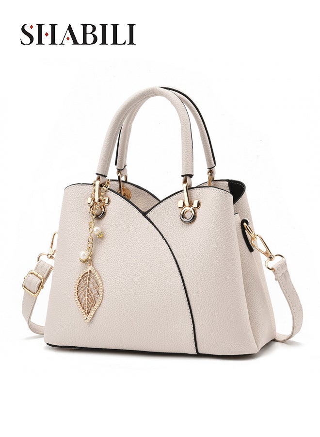 SHABILI Women Shoulder Bag PU Large-Capacity Multi-Pocket Embossed Satchel, Ladies Handbag Tote Crossbody Cross Bags Fashion Leaf-Charm Purse for Teen Youth Daily Casual Party Travel Work Shopping (White) - Image 1
