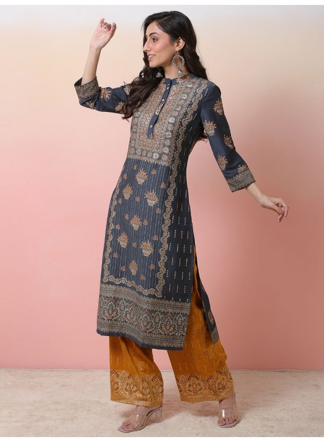 AKS Grey Foil printed Kurta set with Mustard palazzo  - Image 3