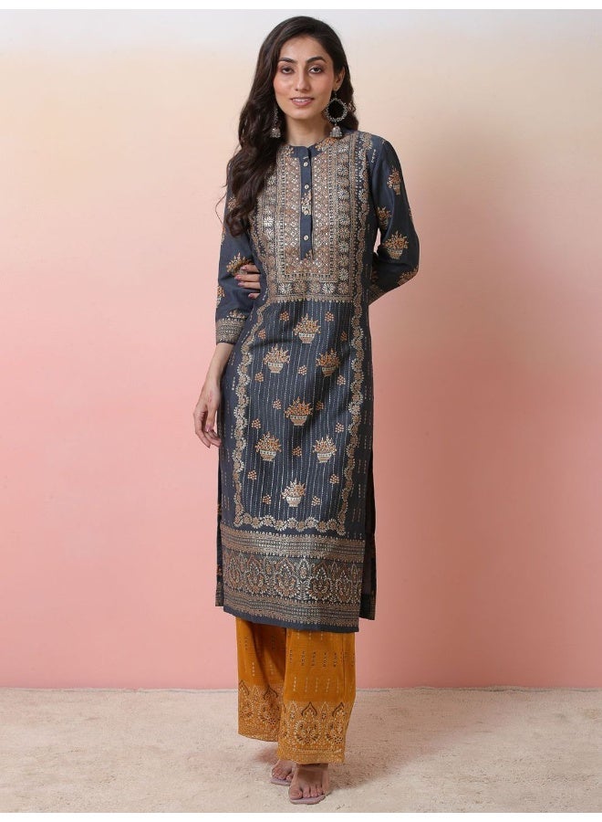 AKS Grey Foil printed Kurta set with Mustard palazzo  - Image 1