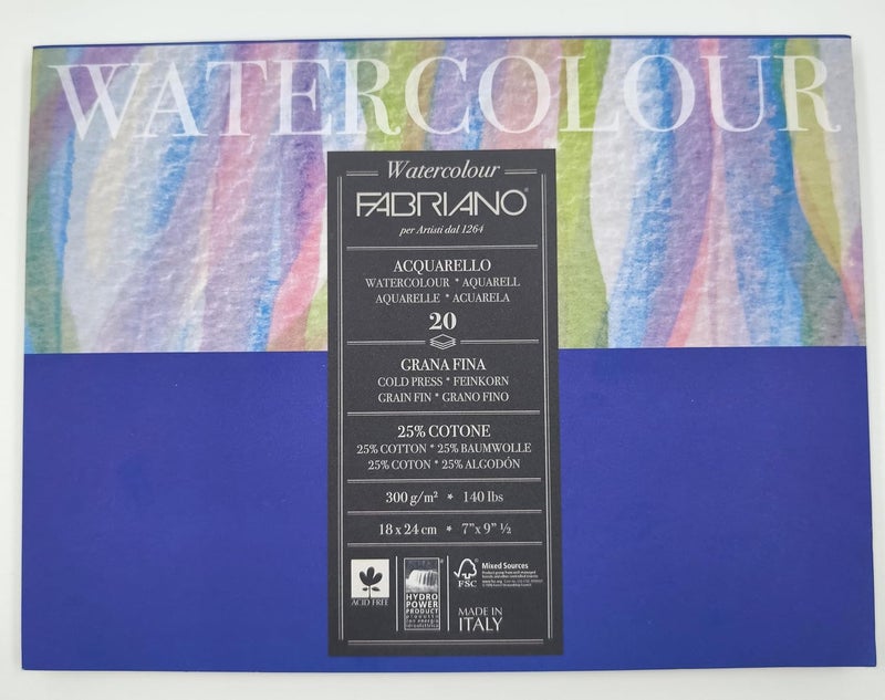 FABRIANO Studio Watercolor Paper Block, 25% Cotton – 20 Sheets, Cold Pressed, 300 GSM, 18 x 24 cm |Ideal for Watercolour, Tempera, Gouache, Acrylic, Ink and Drawing. - Image 1