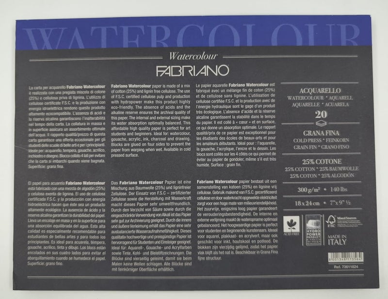 FABRIANO Studio Watercolor Paper Block, 25% Cotton – 20 Sheets, Cold Pressed, 300 GSM, 18 x 24 cm |Ideal for Watercolour, Tempera, Gouache, Acrylic, Ink and Drawing. - Image 2
