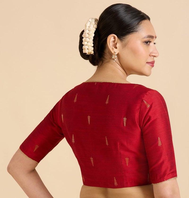 Studio Shringaar Women's Handloom Cotton Silk Readymade Saree Blouse (Red, 40) - Image 2